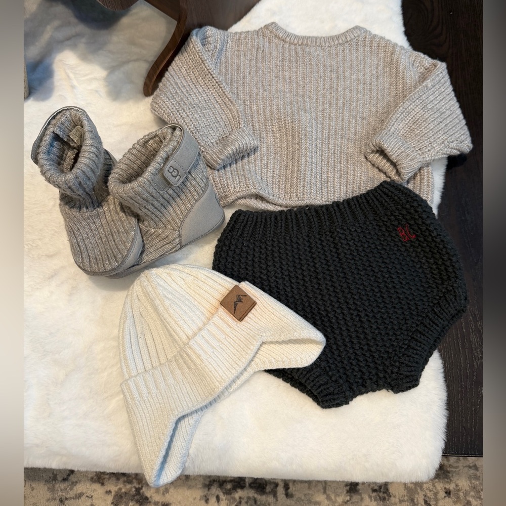 ZARA sweater, BOBO CHOOSES knit diaper bloomers, UGGS boots, and beanie